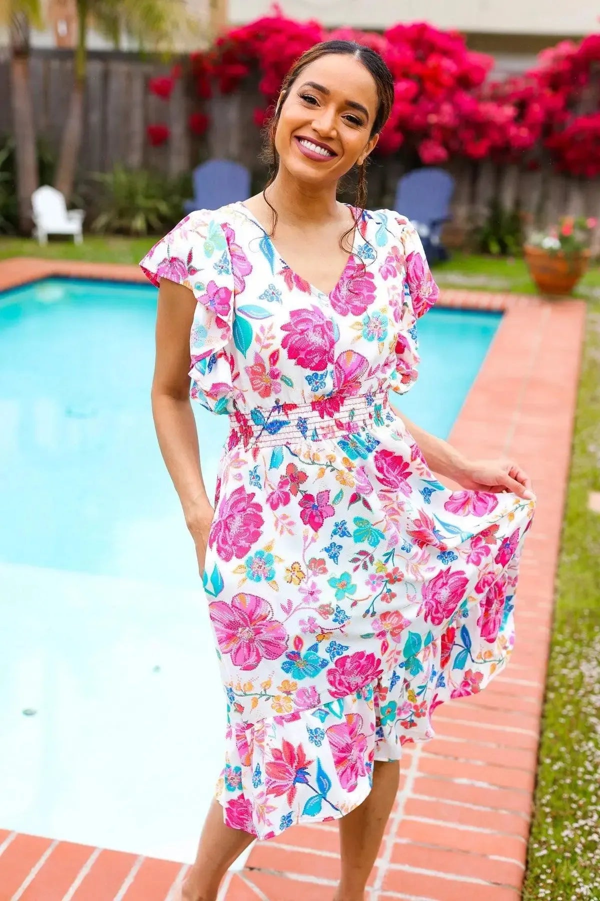Hello Beautiful Ivory & Fuchsia Floral Sequin Smock Waist Midi Dress-Evelyns Fashion