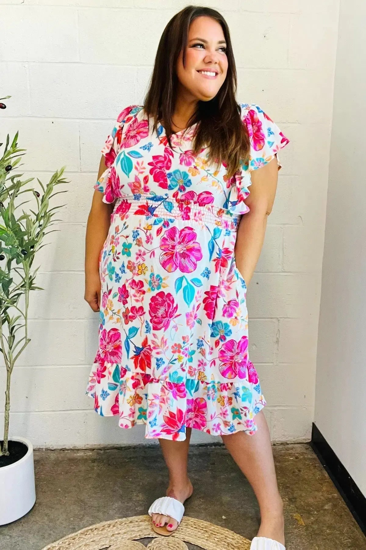 Hello Beautiful Ivory & Fuchsia Floral Sequin Smock Waist Midi Dress-Evelyns Fashion