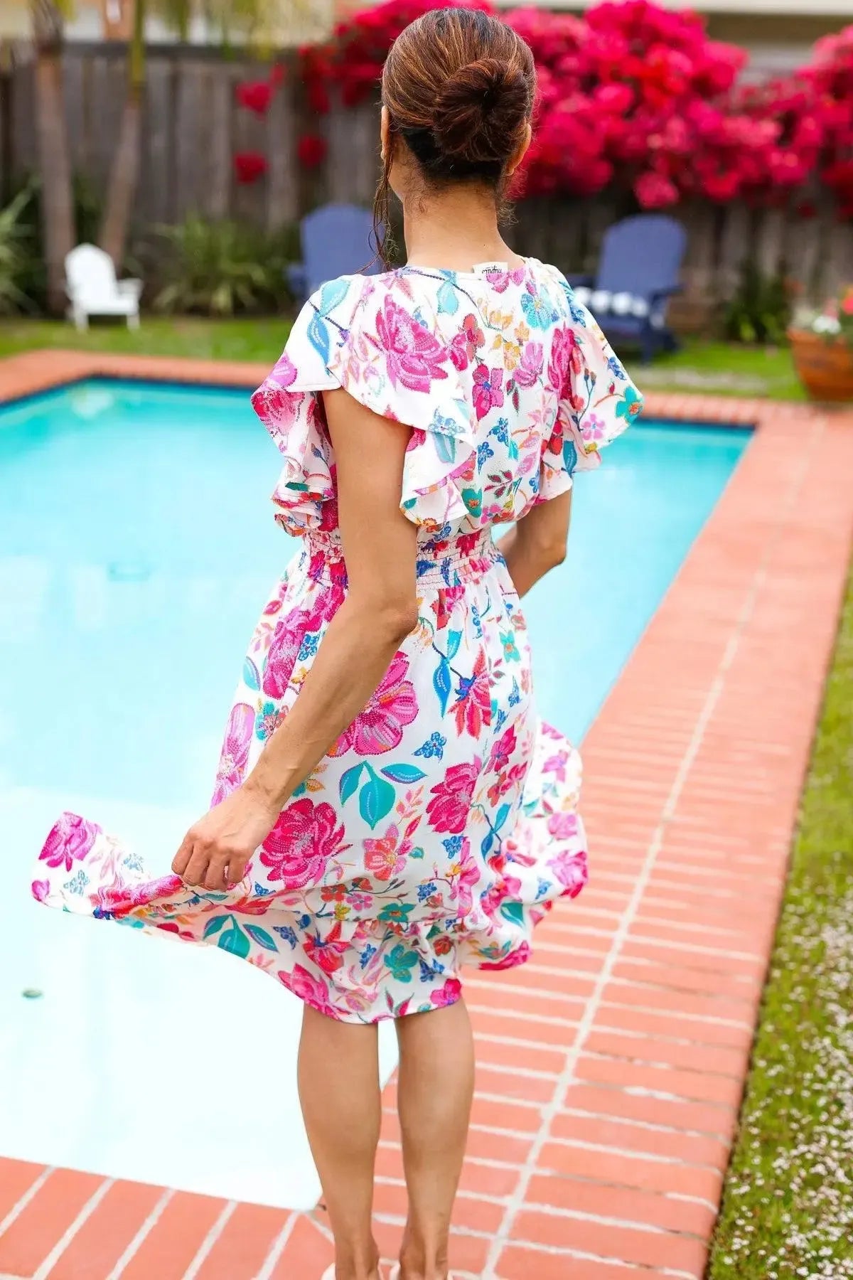 Hello Beautiful Ivory & Fuchsia Floral Sequin Smock Waist Midi Dress-Evelyns Fashion