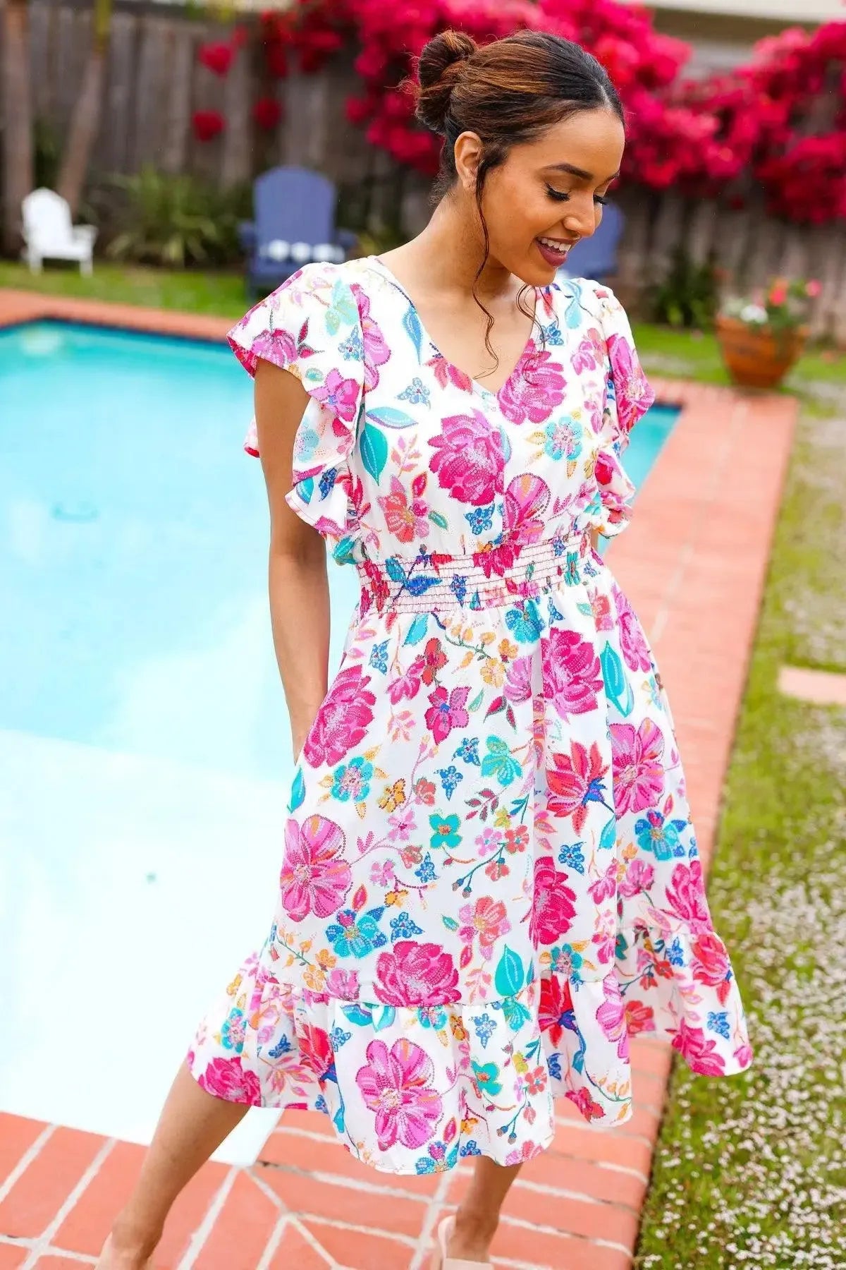 Hello Beautiful Ivory & Fuchsia Floral Sequin Smock Waist Midi Dress-Evelyns Fashion