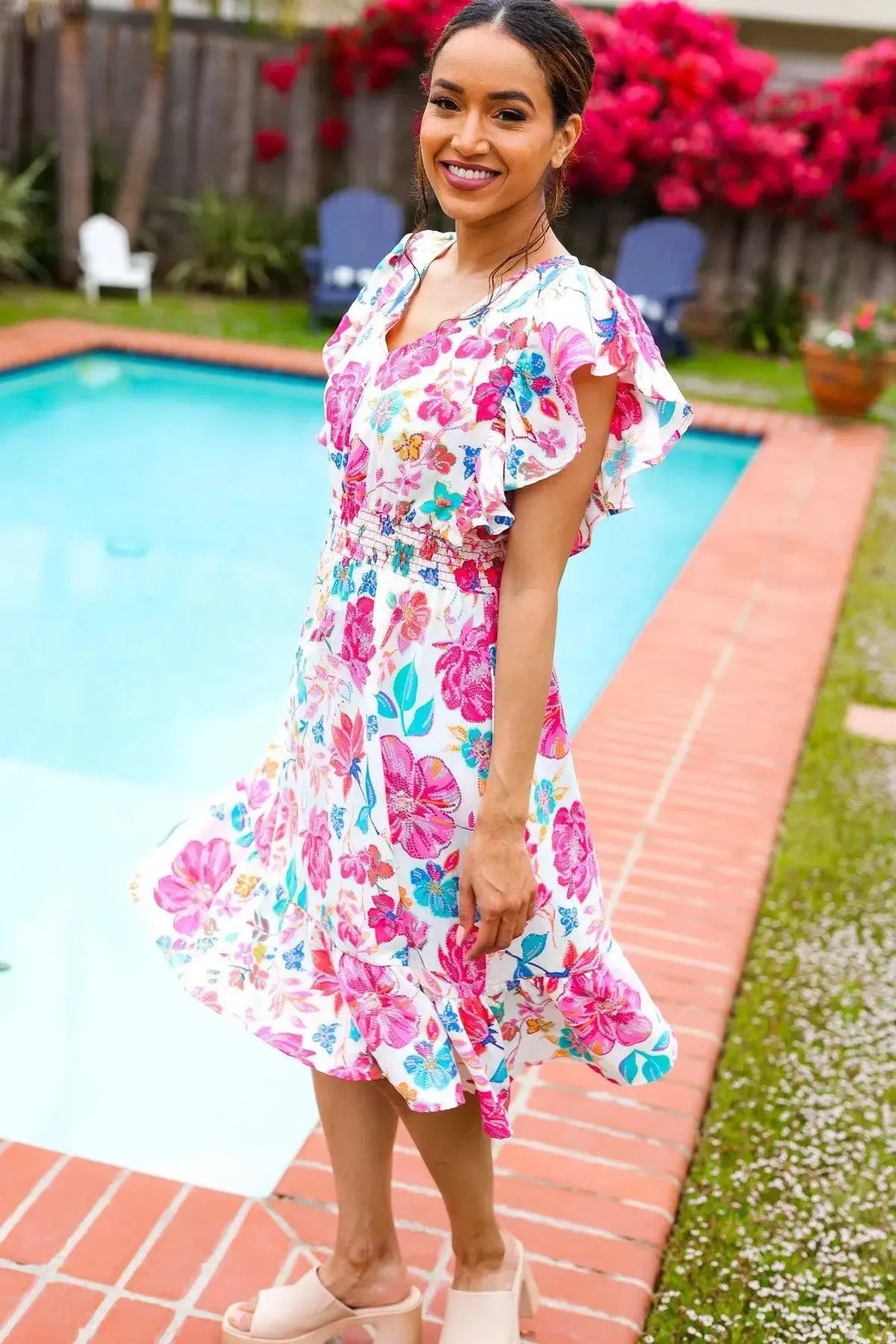 Hello Beautiful Ivory & Fuchsia Floral Sequin Smock Waist Midi Dress-Evelyns Fashion