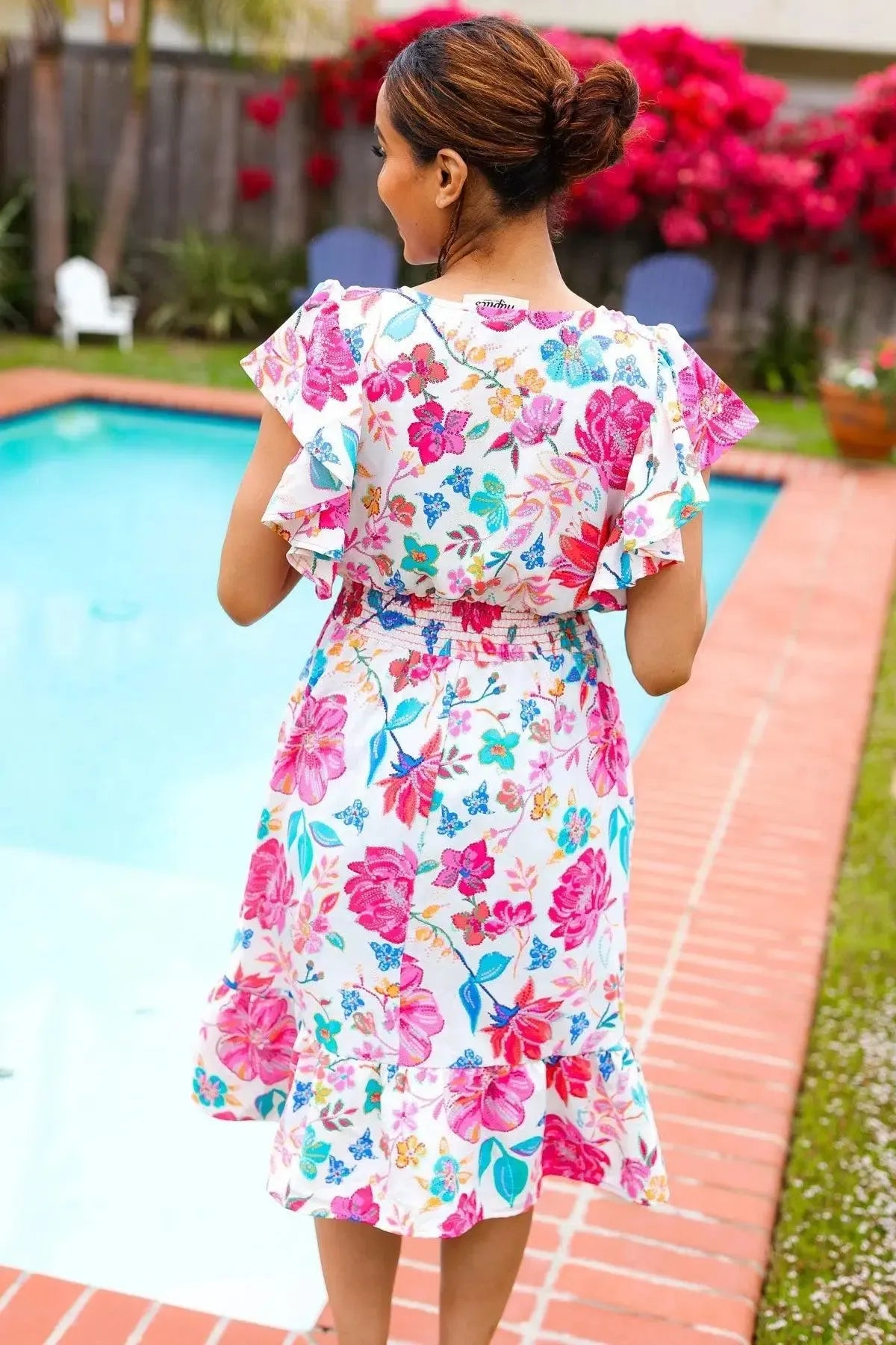 Hello Beautiful Ivory & Fuchsia Floral Sequin Smock Waist Midi Dress-Evelyns Fashion