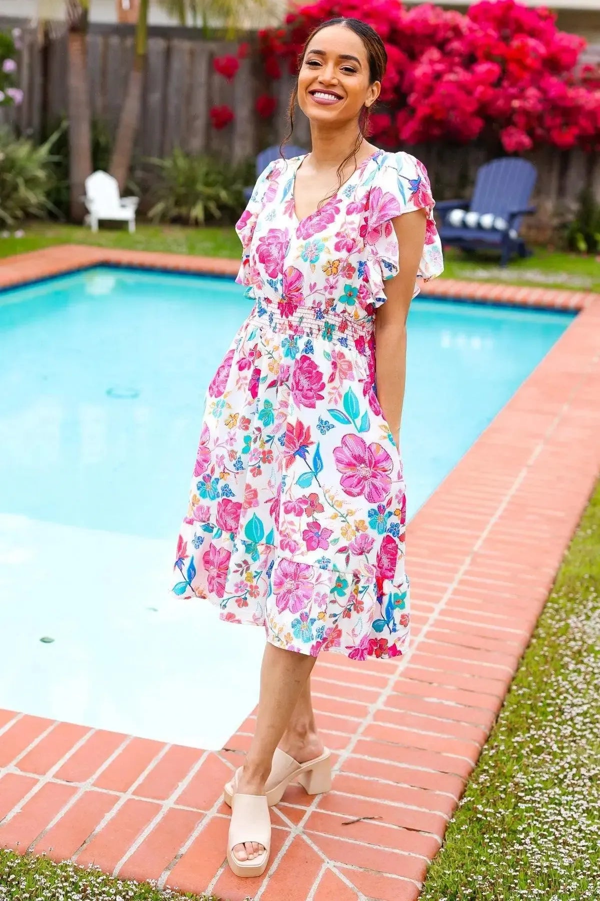 Hello Beautiful Ivory & Fuchsia Floral Sequin Smock Waist Midi Dress-Evelyns Fashion