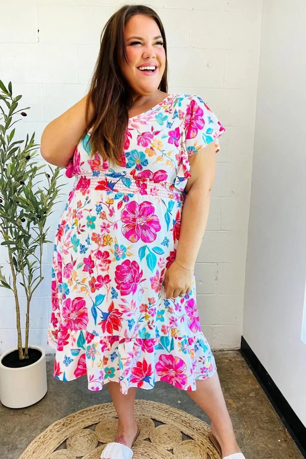 Hello Beautiful Ivory & Fuchsia Floral Sequin Smock Waist Midi Dress-Evelyns Fashion