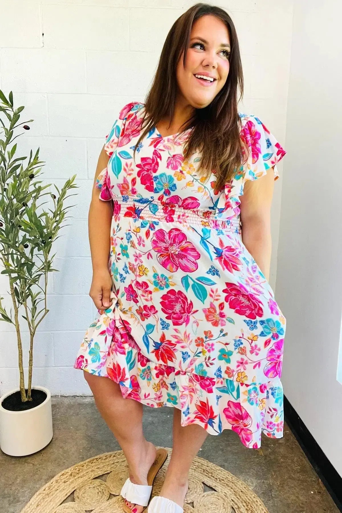 Hello Beautiful Ivory & Fuchsia Floral Sequin Smock Waist Midi Dress-Evelyns Fashion