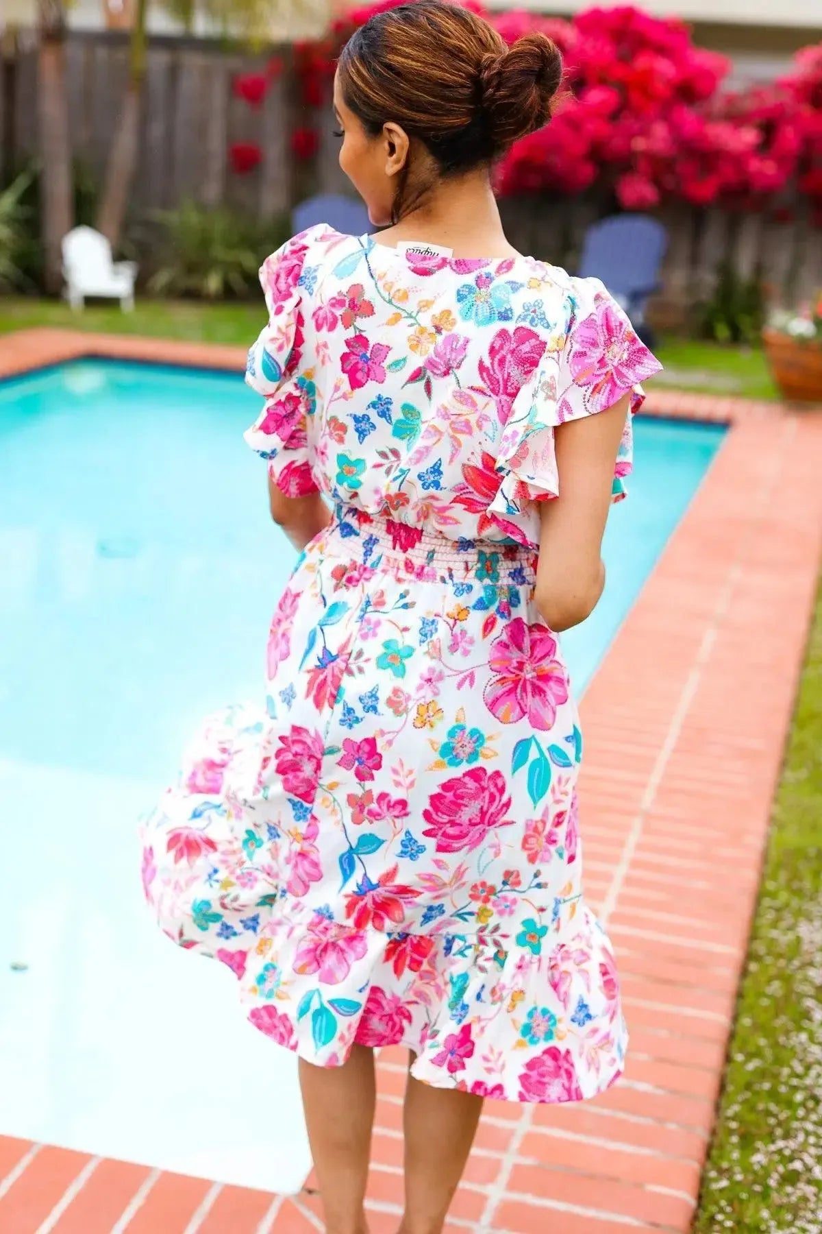 Hello Beautiful Ivory & Fuchsia Floral Sequin Smock Waist Midi Dress-Evelyns Fashion