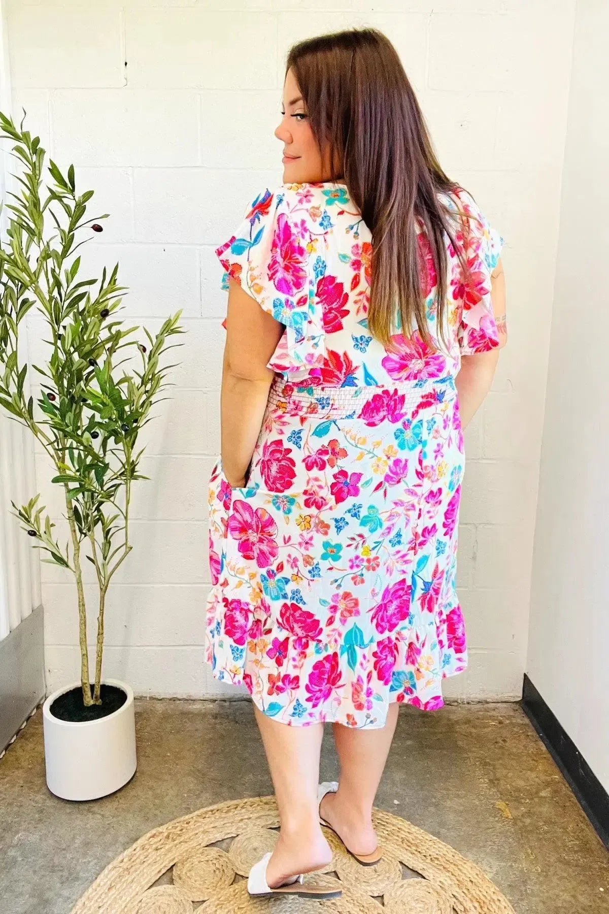 Hello Beautiful Ivory & Fuchsia Floral Sequin Smock Waist Midi Dress-Evelyns Fashion