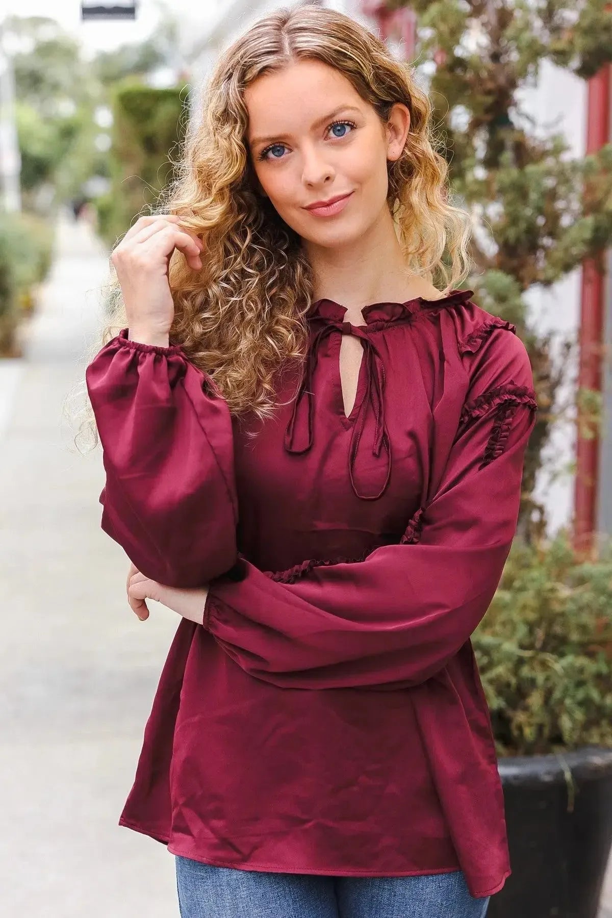Holiday Vibes Burgundy Frill Detail Tie Neck Satin Top-Evelyns Fashion