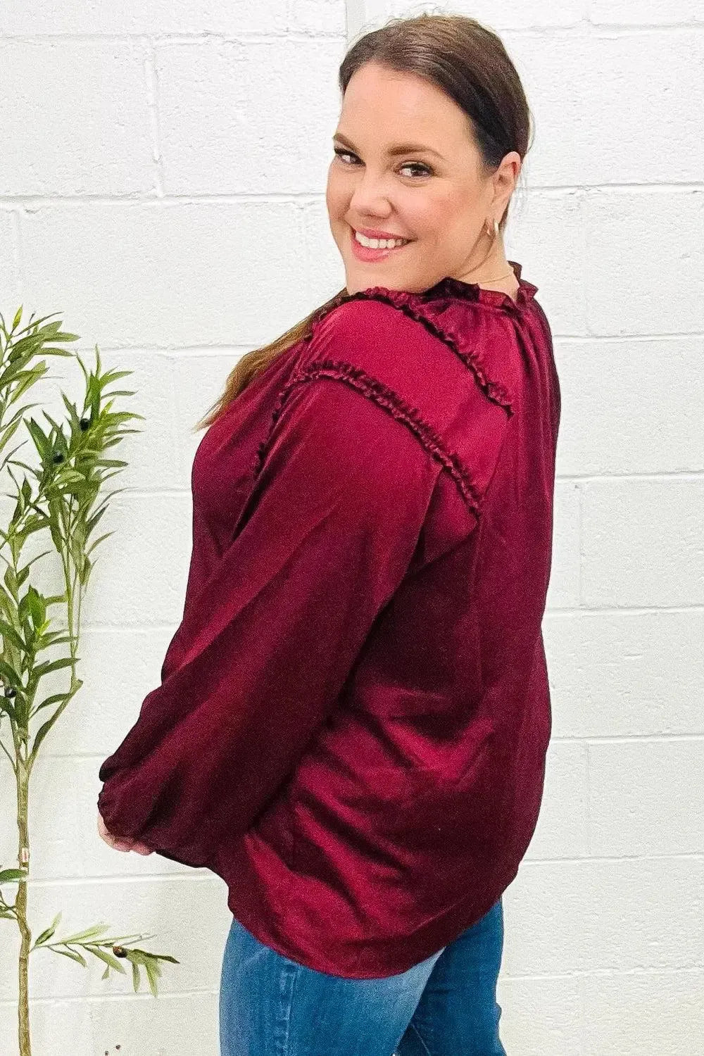 Holiday Vibes Burgundy Frill Detail Tie Neck Satin Top-Evelyns Fashion