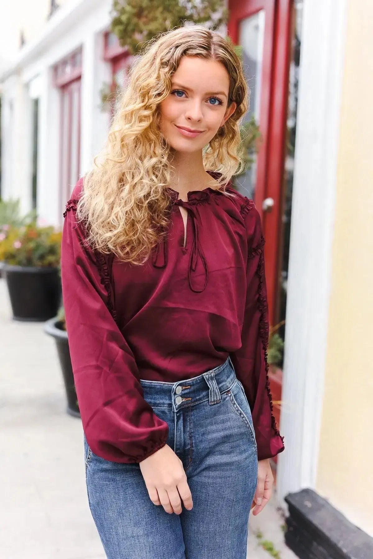 Holiday Vibes Burgundy Frill Detail Tie Neck Satin Top-Evelyns Fashion