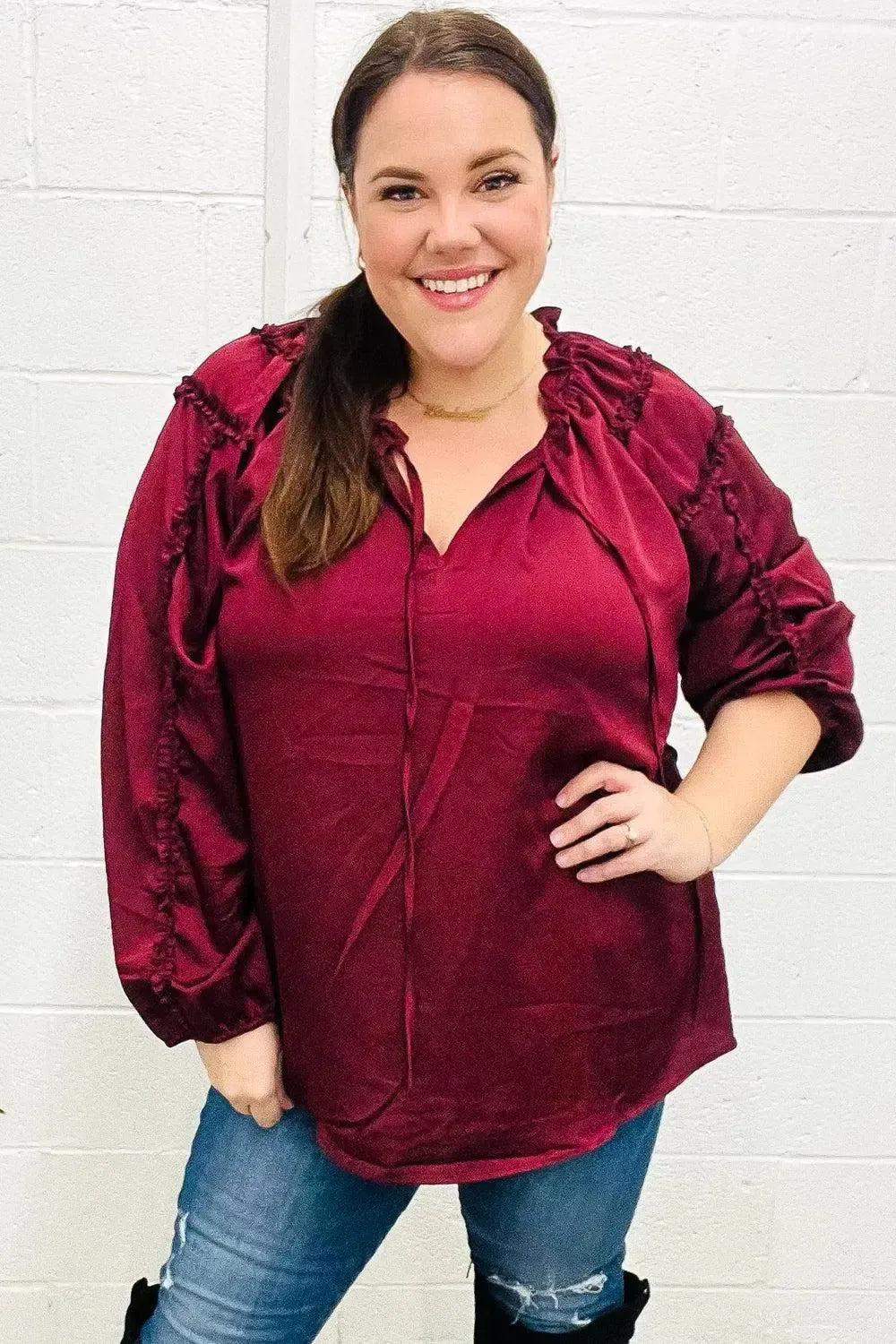 Holiday Vibes Burgundy Frill Detail Tie Neck Satin Top-Evelyns Fashion