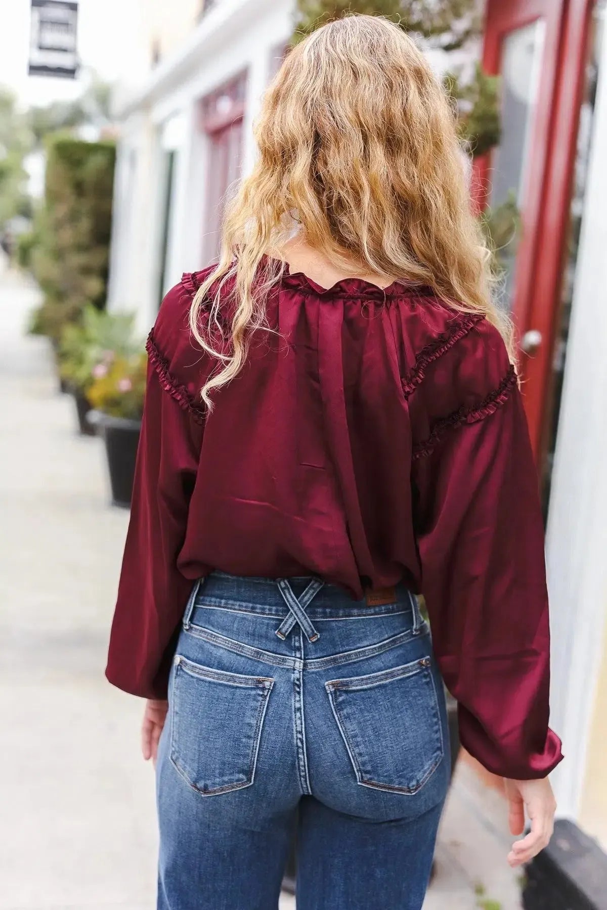 Holiday Vibes Burgundy Frill Detail Tie Neck Satin Top-Evelyns Fashion