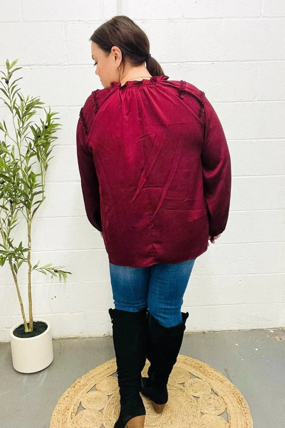 Holiday Vibes Burgundy Frill Detail Tie Neck Satin Top-Evelyns Fashion