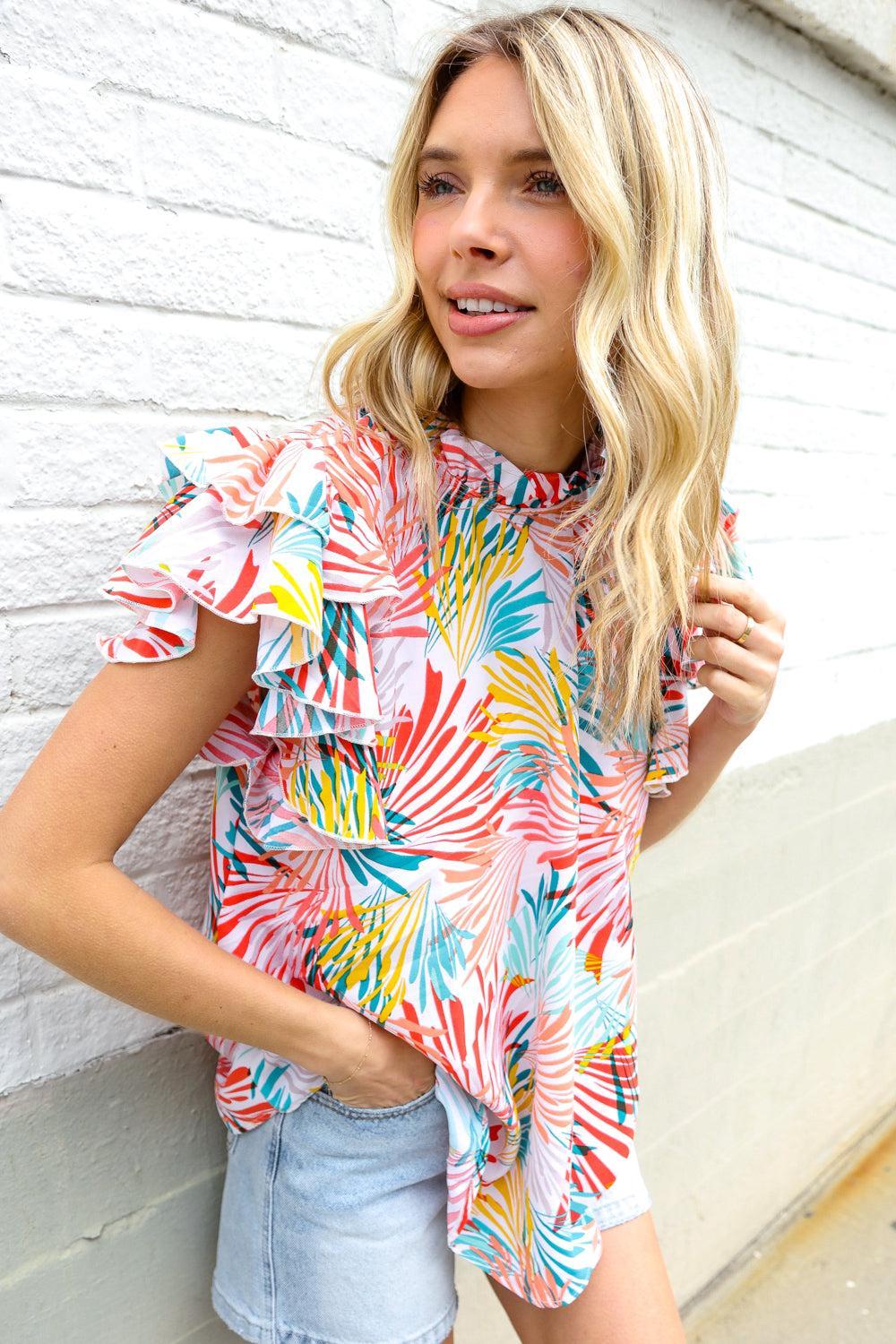 Ivory Abstract Flutter Sleeve Top-Blouses-Evelyns Fashion