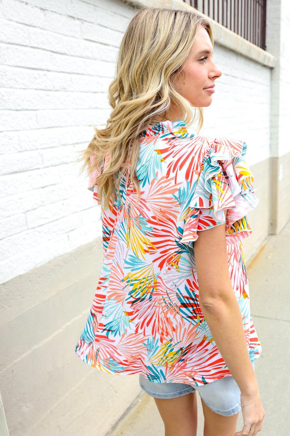 Ivory Abstract Flutter Sleeve Top-Blouses-Evelyns Fashion