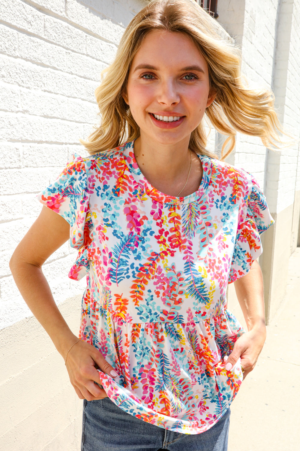 Ivory Floral Short Sleeve Top-Short Sleeve Blouse-Evelyns Fashion