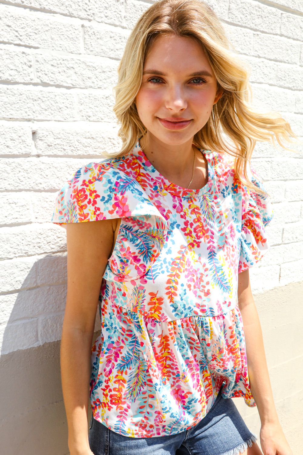 Ivory Floral Short Sleeve Top-Short Sleeve Blouse-Evelyns Fashion