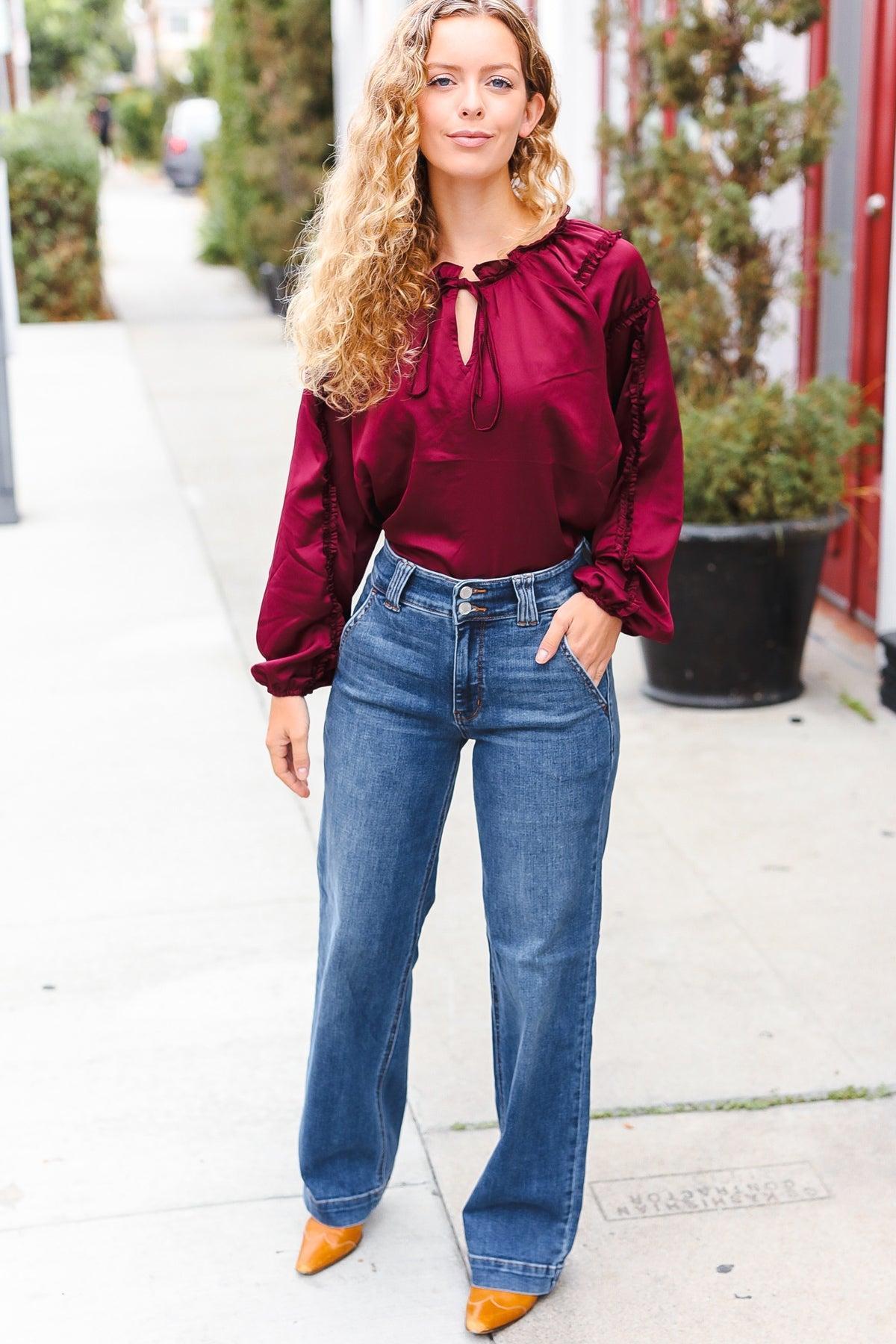 Judy Blue High Rise Double Button Crisscross Detail Wide Leg Jeans-Evelyns Fashion