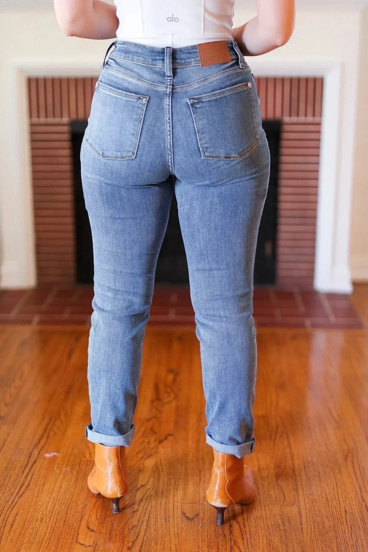 Judy Blue Medium Blue Mid-Rise Slim Fit Cuffed Jeans-Evelyns Fashion