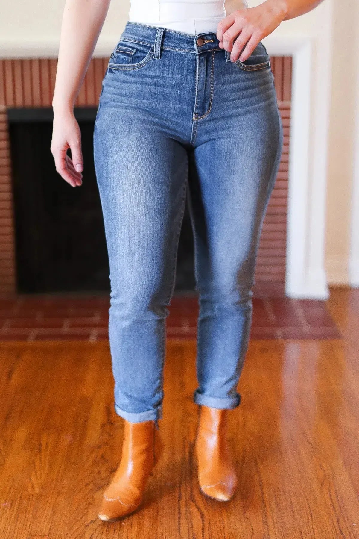 Judy Blue Medium Blue Mid-Rise Slim Fit Cuffed Jeans-Evelyns Fashion