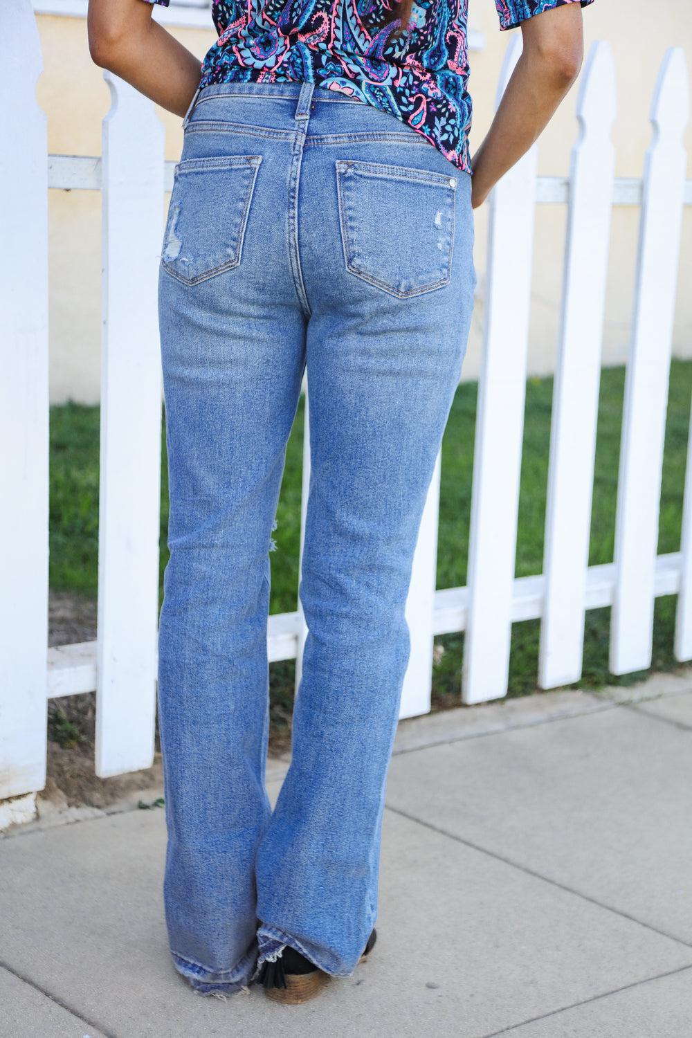 Judy Blue Medium Wash Mid Rise Release Hem Distressed Bootcut Jeans (Copy)-Evelyns Fashion