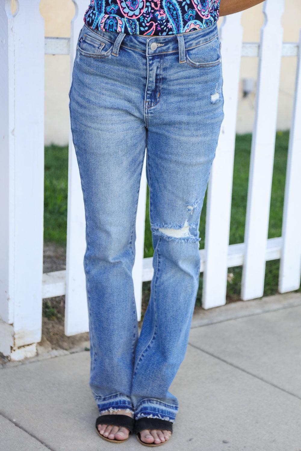 Judy Blue Medium Wash Mid Rise Release Hem Distressed Bootcut Jeans (Copy)-Evelyns Fashion
