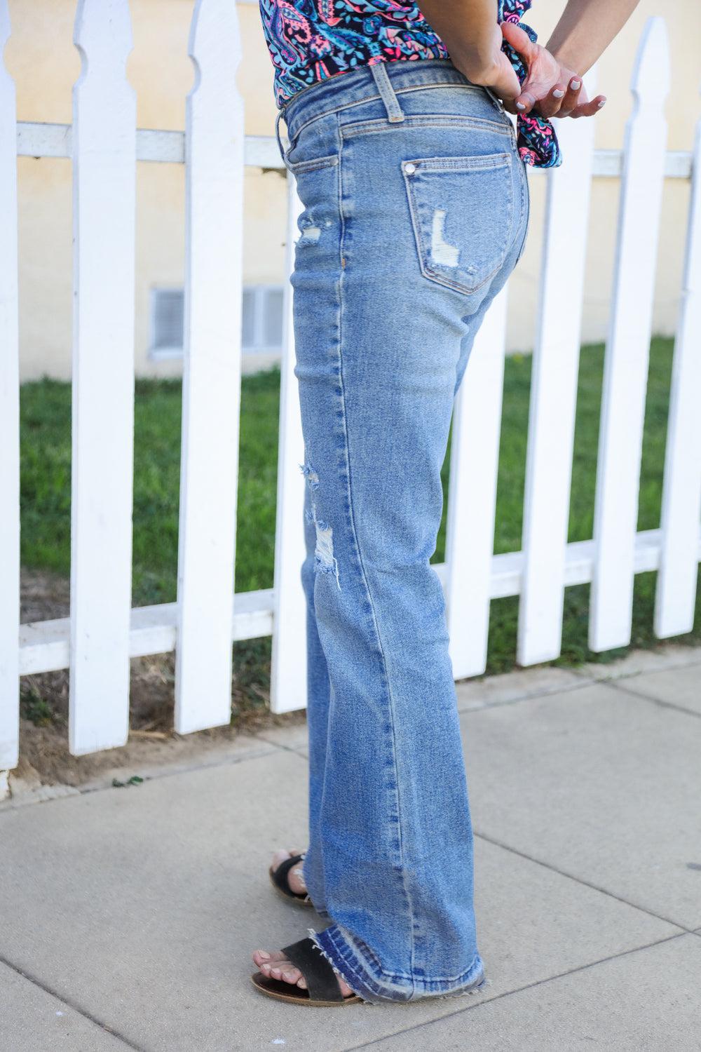 Judy Blue Medium Wash Mid Rise Release Hem Distressed Bootcut Jeans (Copy)-Evelyns Fashion