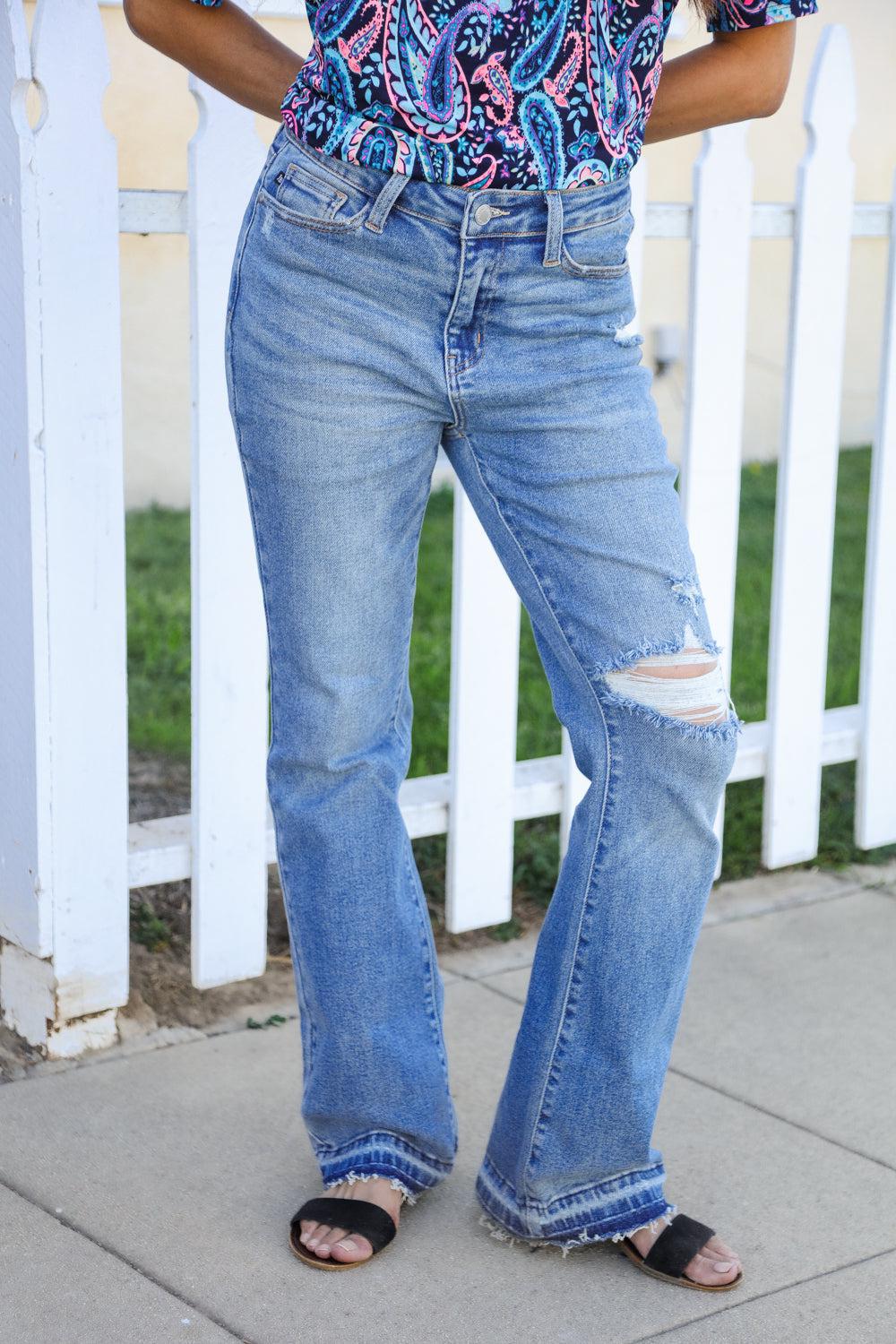 Judy Blue Medium Wash Mid Rise Release Hem Distressed Bootcut Jeans (Copy)-Evelyns Fashion