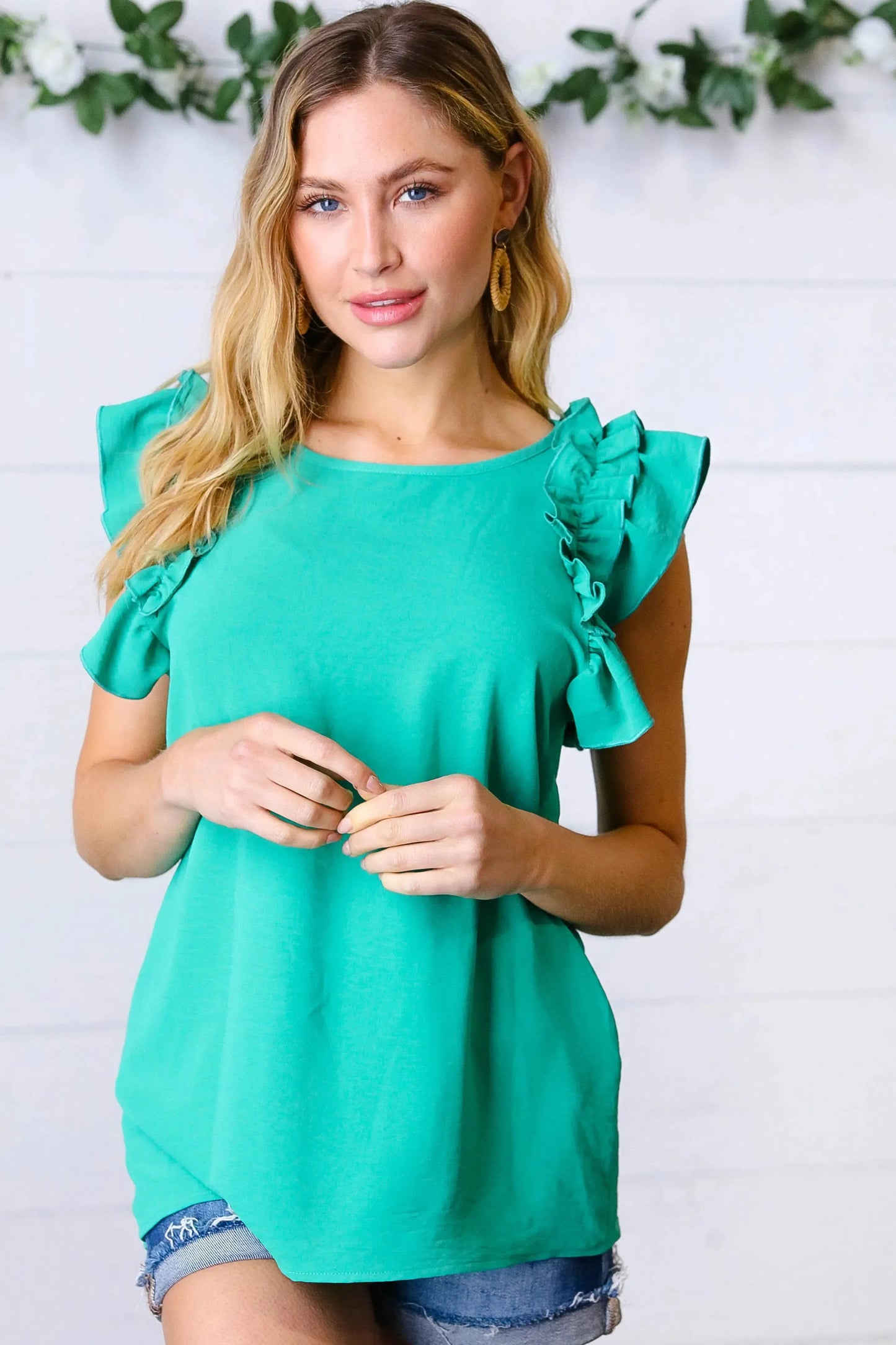 Kelly Green Double Ruffle Sleeve Crinkle Top-Evelyns Fashion