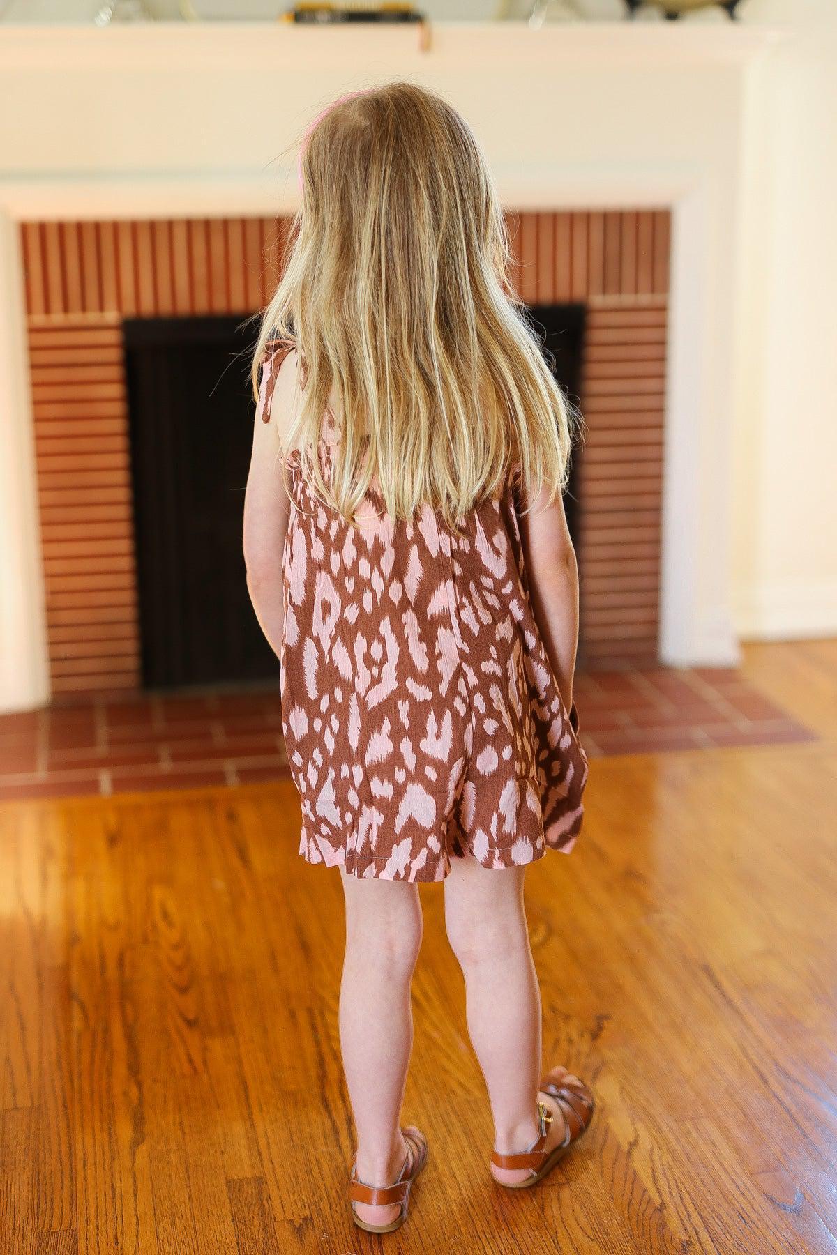 Kids Dreamy Animal Print Elastic Ruffle Neck Shoulder Tie Romper-Evelyns Fashion