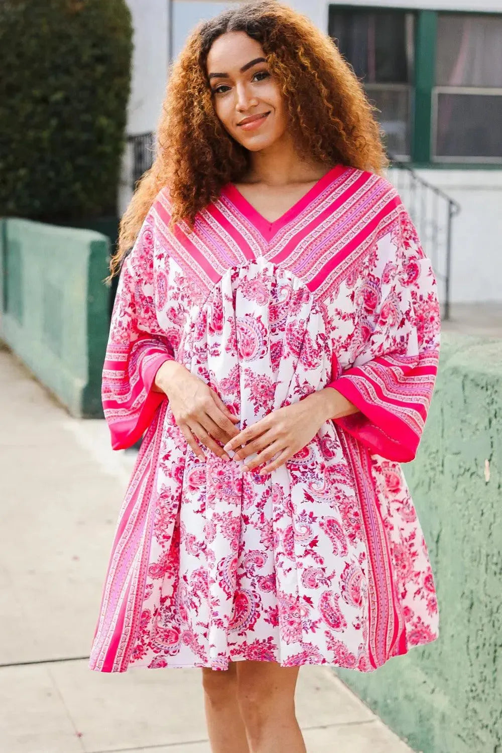 Let's Meet Up Red & Pink Paisley Drop Shoulder Kimono Dress-Evelyns Fashion