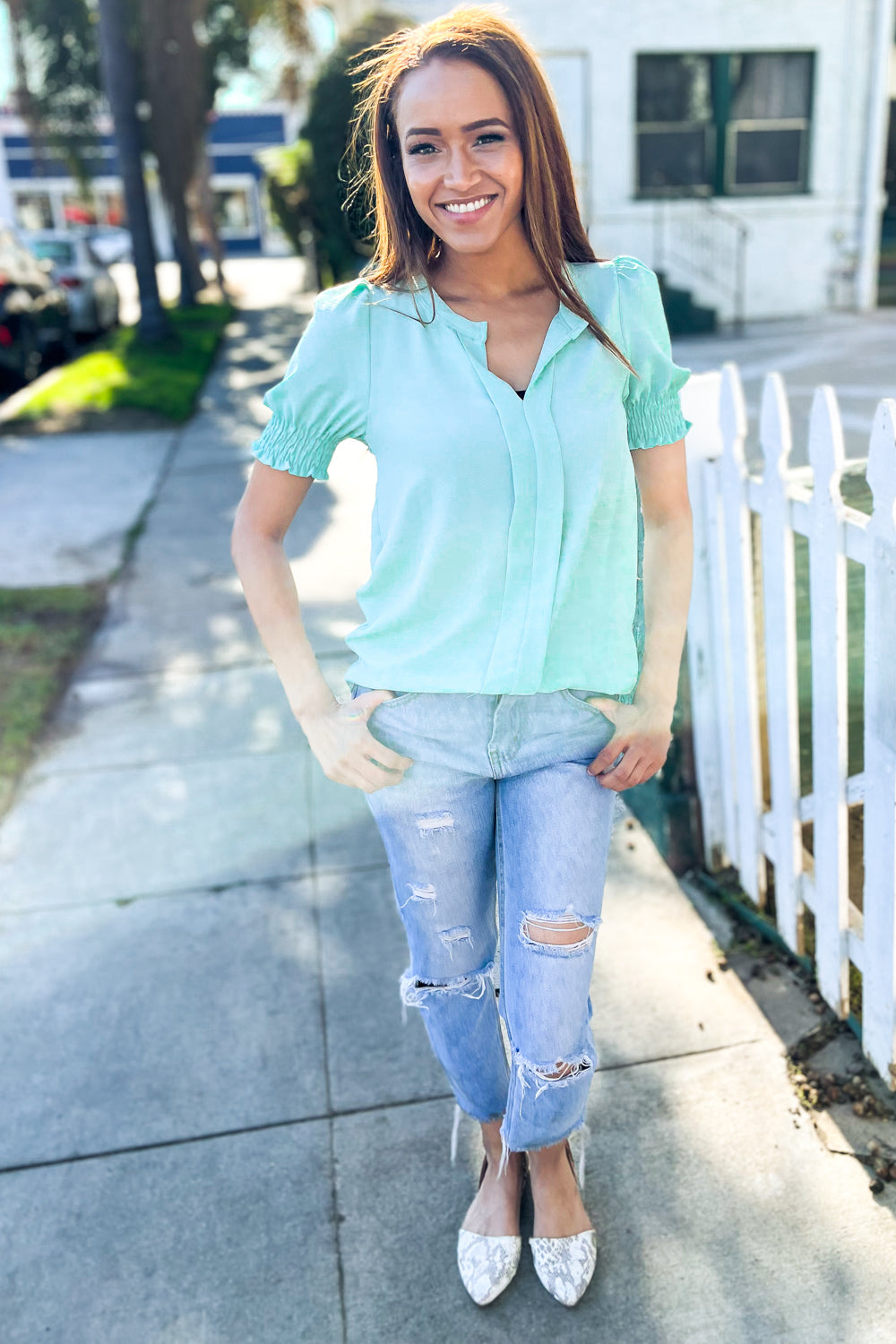 Lilac Short Sleeve Blouse-Short Sleeve Blouse-Evelyns Fashion