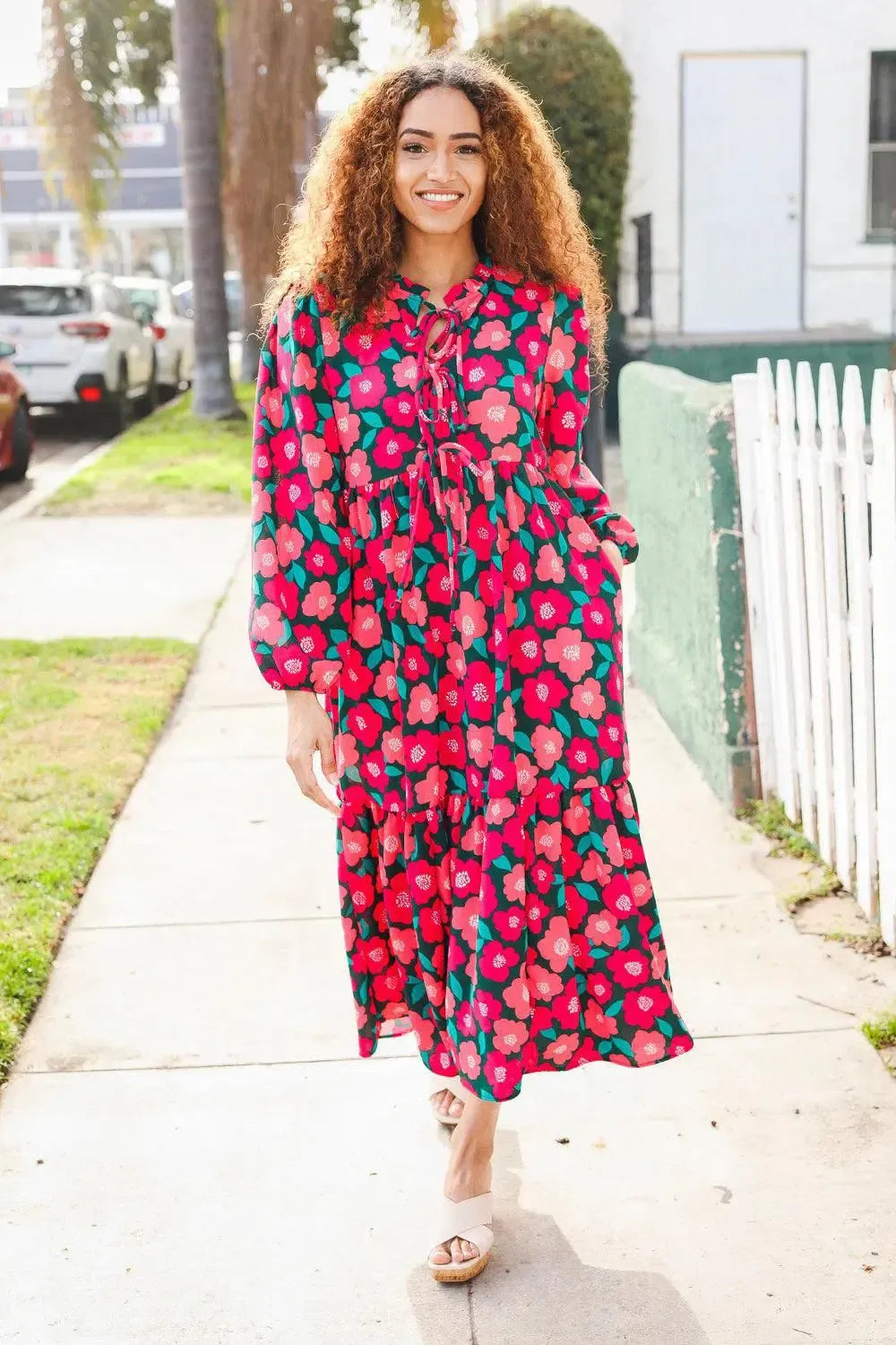 Look Adorable Ribbon Bow Tie Babydoll Tiered Maxi Dress-Evelyns Fashion