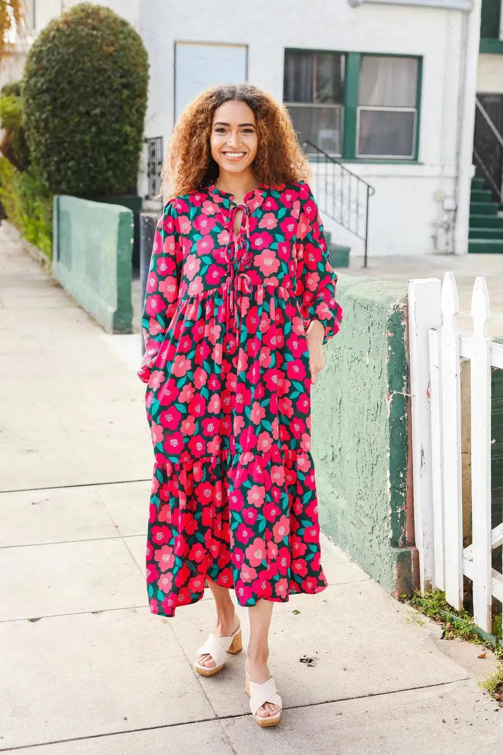 Look Adorable Ribbon Bow Tie Babydoll Tiered Maxi Dress-Evelyns Fashion