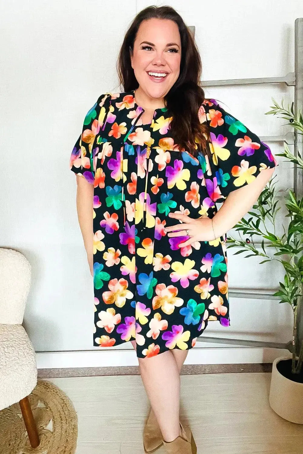 Look Adorable Ribbon Bow Tie Floral Babydoll Dress with Pockets-Evelyns Fashion