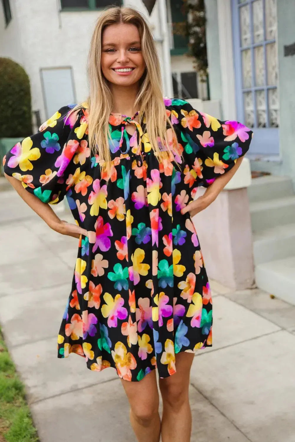 Look Adorable Ribbon Bow Tie Floral Babydoll Dress with Pockets-Evelyns Fashion
