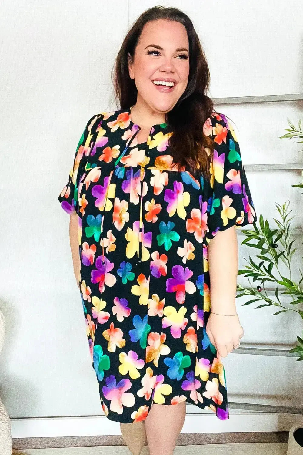 Look Adorable Ribbon Bow Tie Floral Babydoll Dress with Pockets-Evelyns Fashion