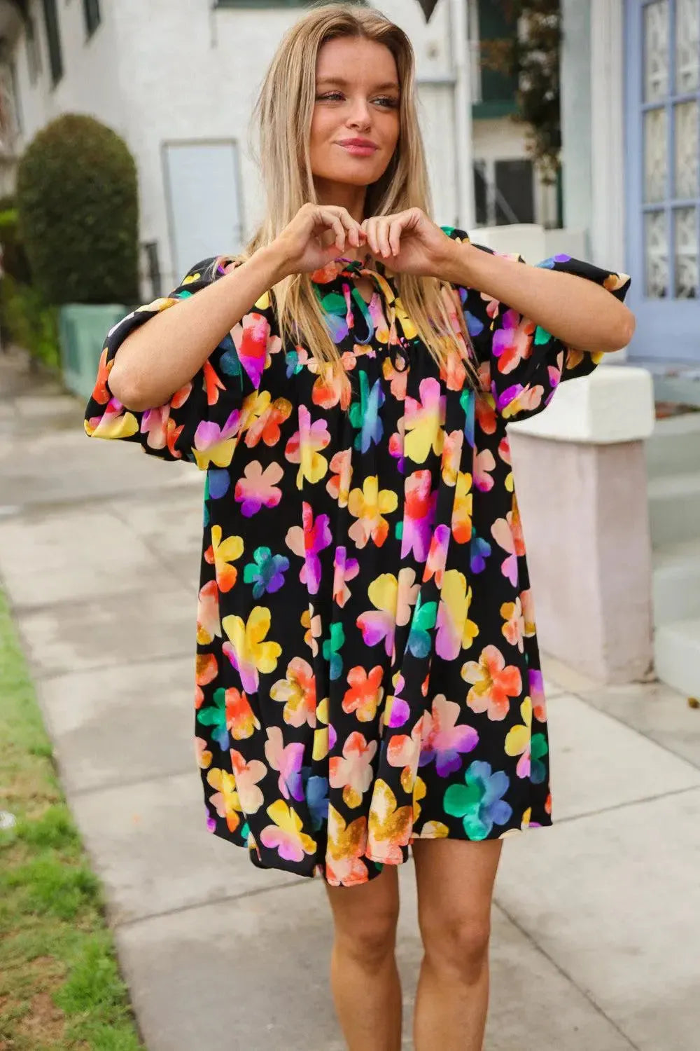 Look Adorable Ribbon Bow Tie Floral Babydoll Dress with Pockets-Evelyns Fashion