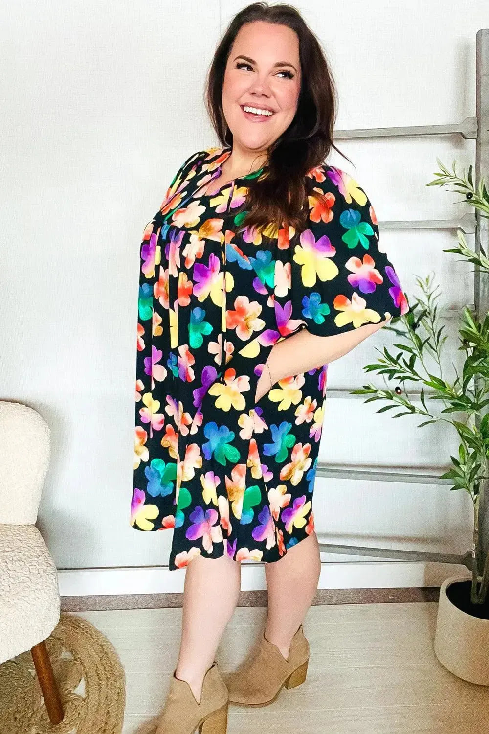 Look Adorable Ribbon Bow Tie Floral Babydoll Dress with Pockets-Evelyns Fashion