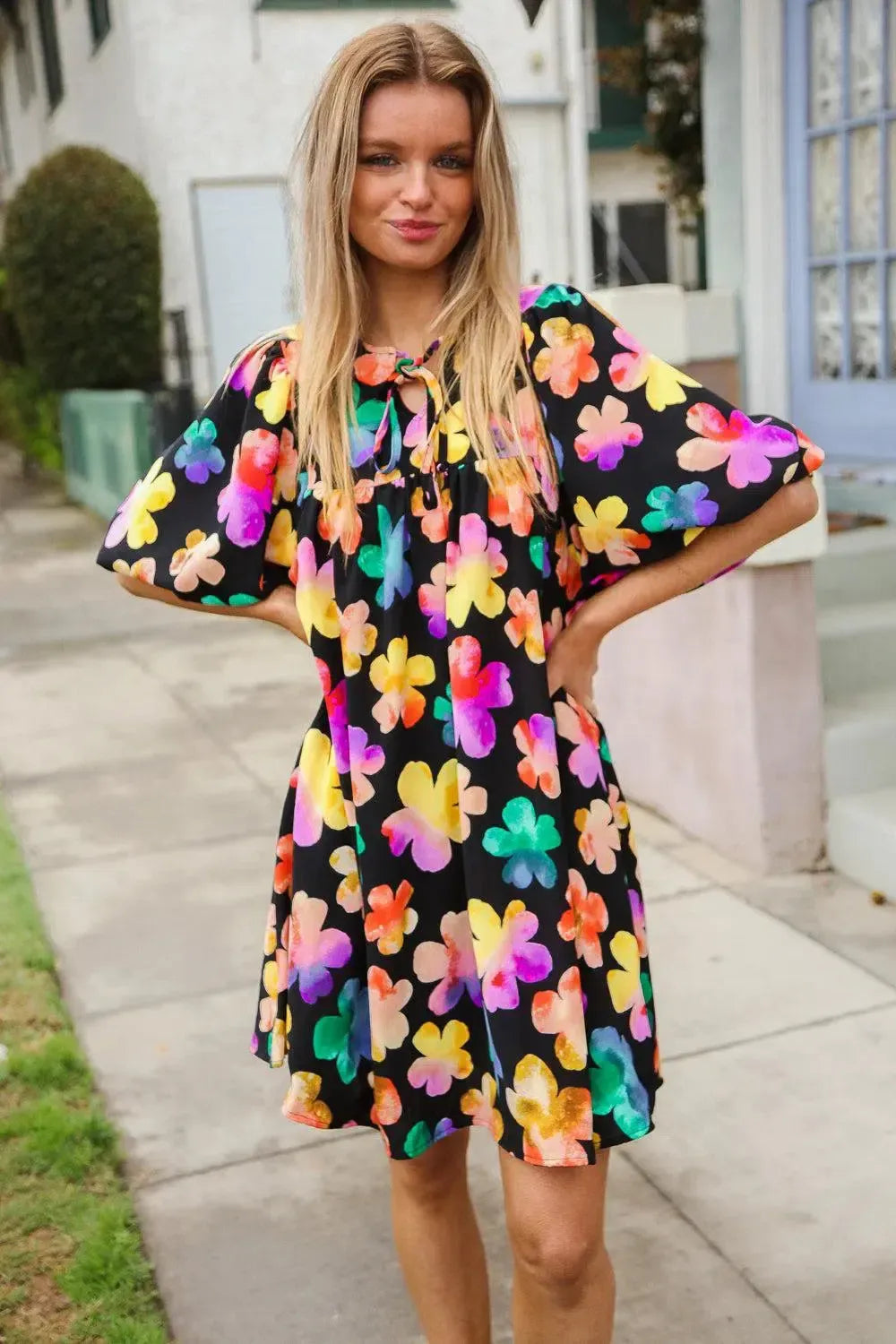 Look Adorable Ribbon Bow Tie Floral Babydoll Dress with Pockets-Evelyns Fashion