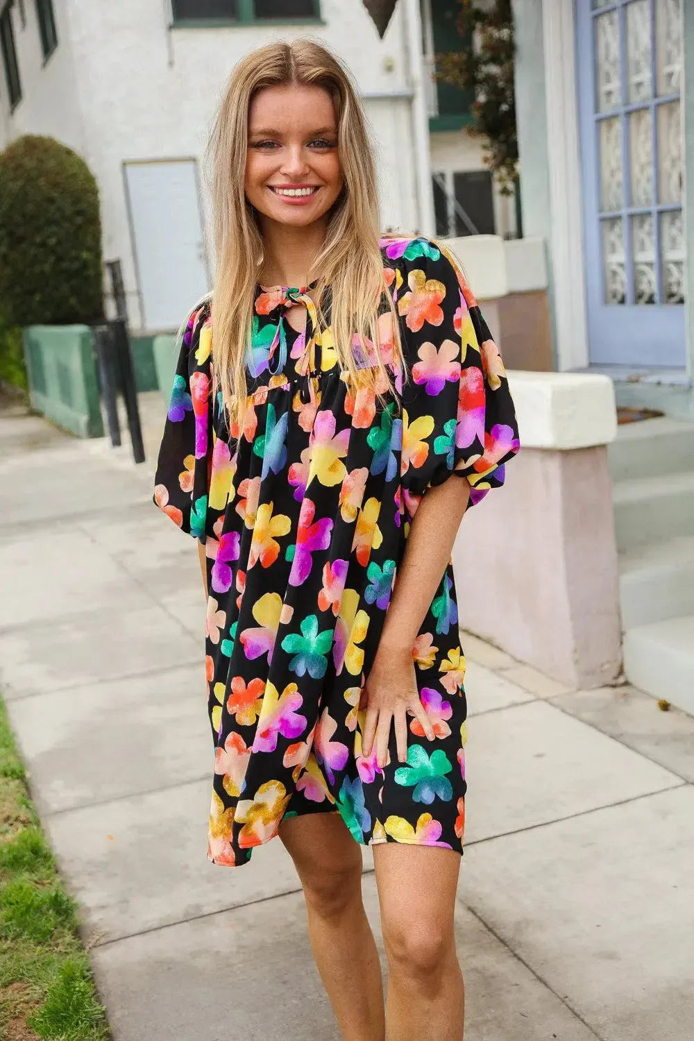 Look Adorable Ribbon Bow Tie Floral Babydoll Dress with Pockets-Evelyns Fashion