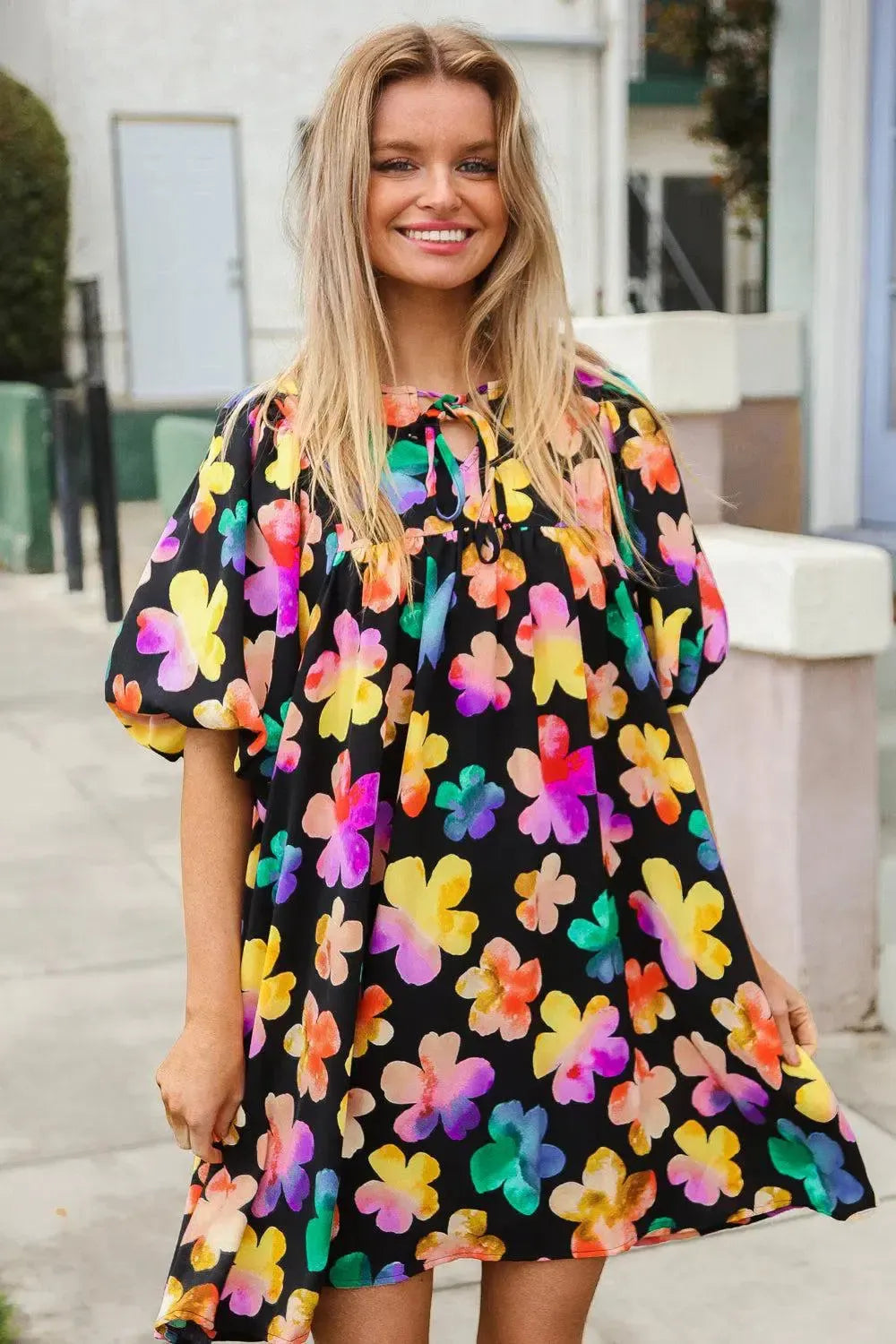 Look Adorable Ribbon Bow Tie Floral Babydoll Dress with Pockets-Evelyns Fashion