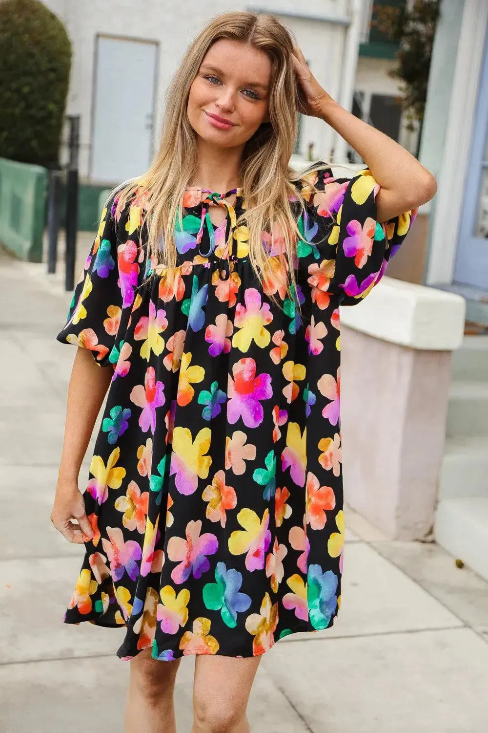 Look Adorable Ribbon Bow Tie Floral Babydoll Dress with Pockets-Evelyns Fashion