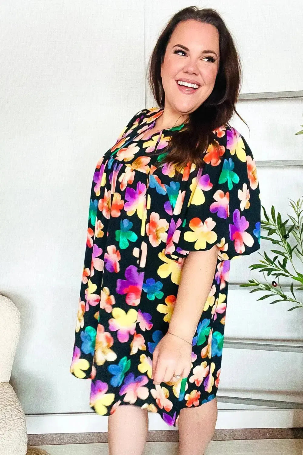 Look Adorable Ribbon Bow Tie Floral Babydoll Dress with Pockets-Evelyns Fashion
