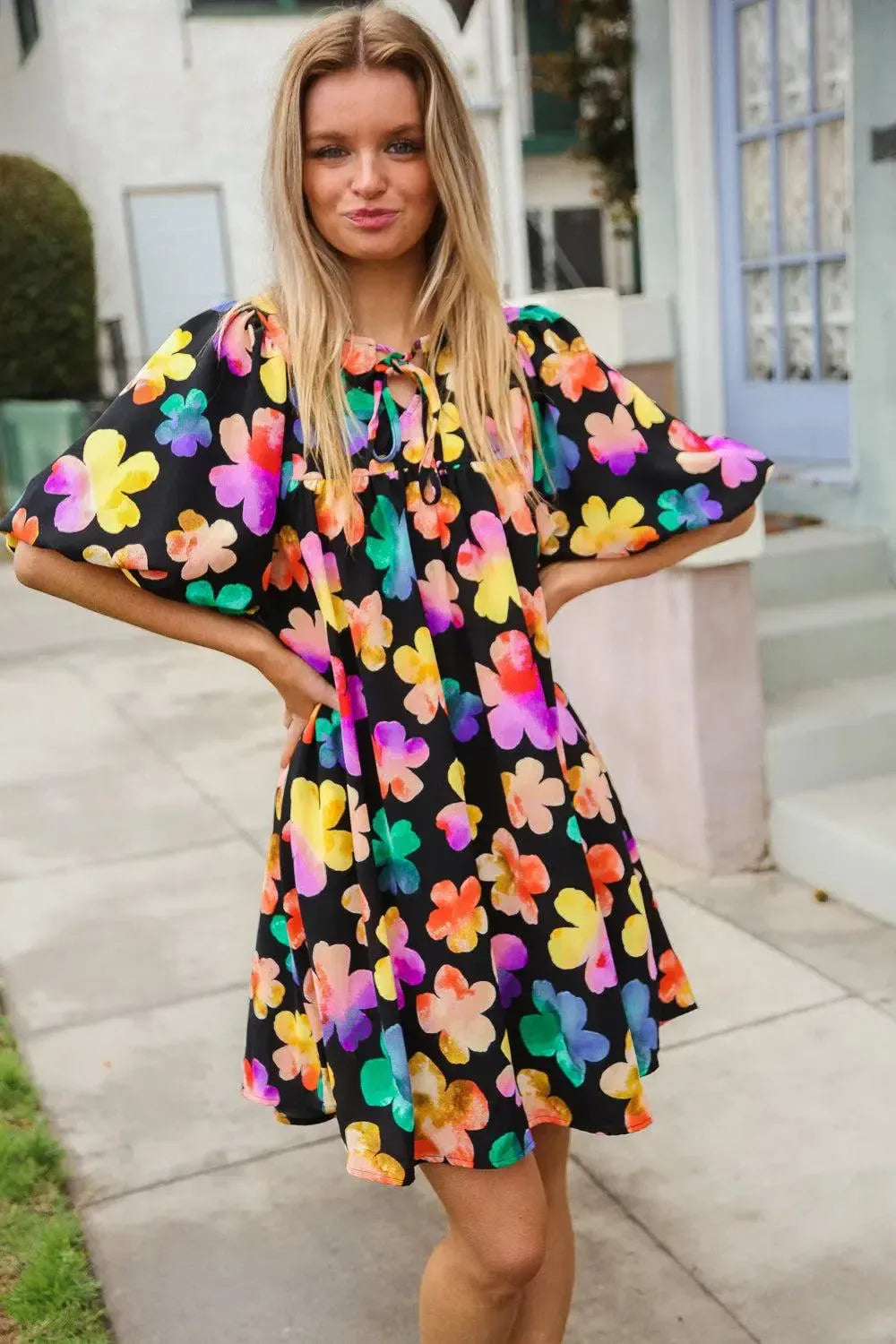 Look Adorable Ribbon Bow Tie Floral Babydoll Dress with Pockets-Evelyns Fashion
