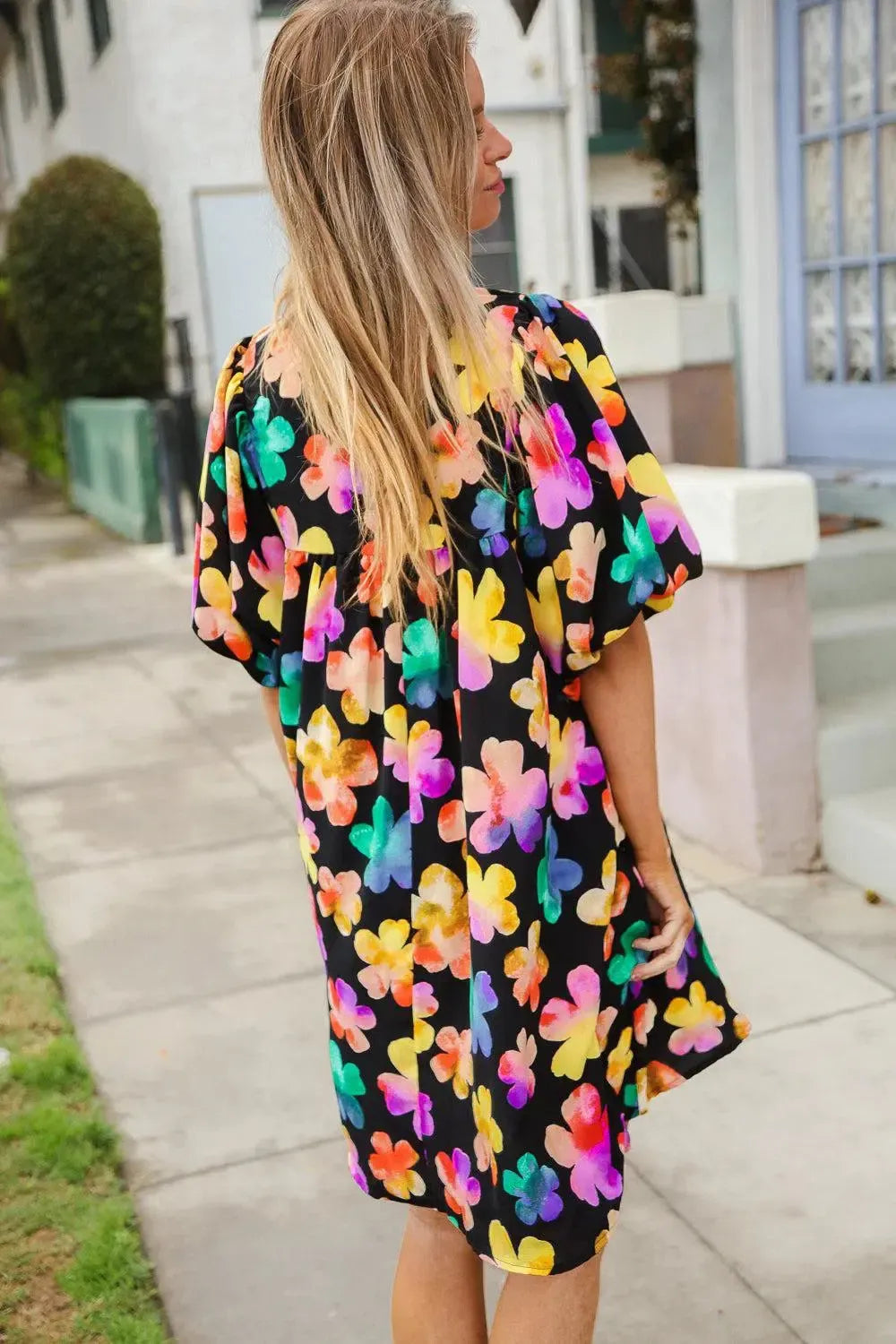 Look Adorable Ribbon Bow Tie Floral Babydoll Dress with Pockets-Evelyns Fashion
