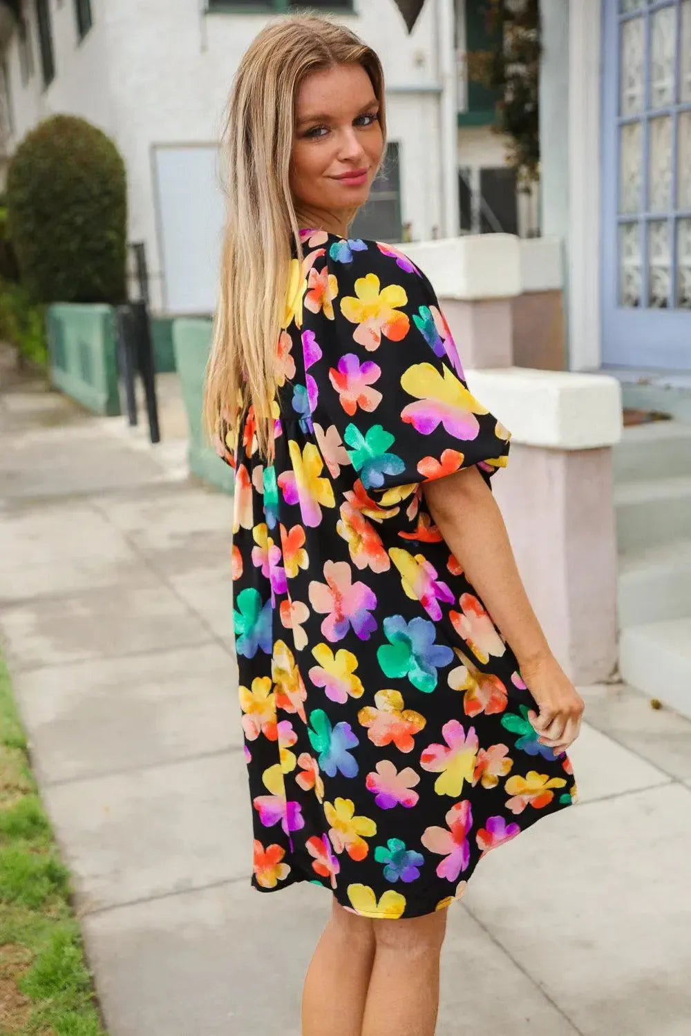 Look Adorable Ribbon Bow Tie Floral Babydoll Dress with Pockets-Evelyns Fashion