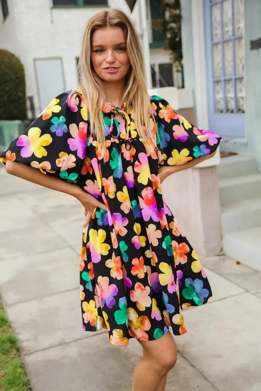 Look Adorable Ribbon Bow Tie Floral Babydoll Dress with Pockets-Evelyns Fashion
