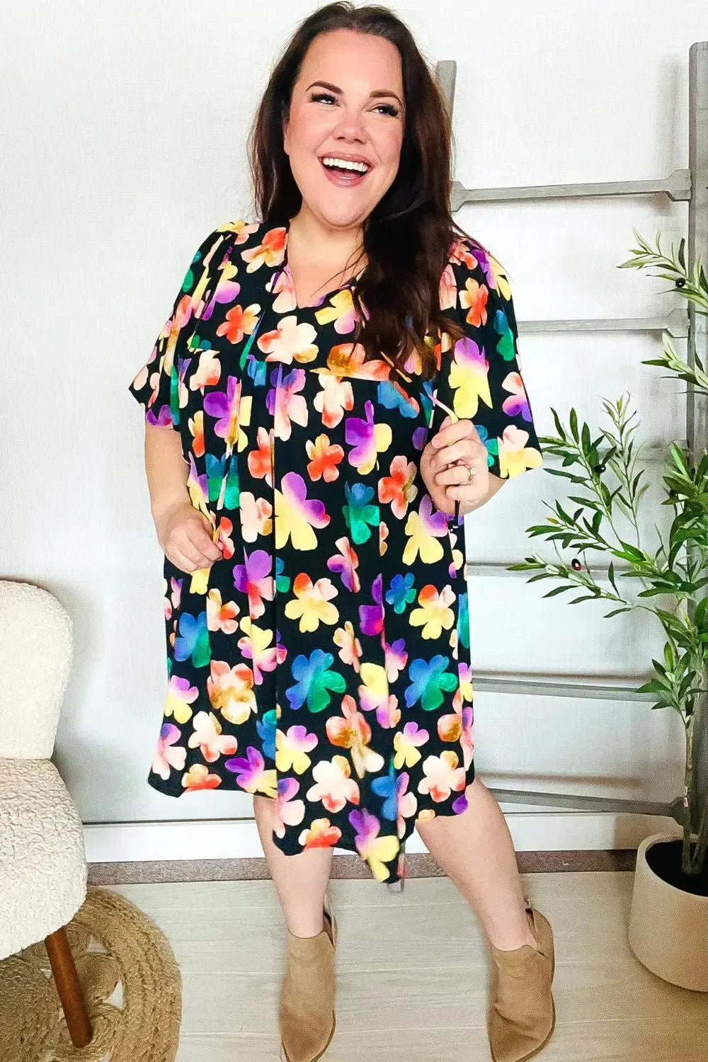 Look Adorable Ribbon Bow Tie Floral Babydoll Dress with Pockets-Evelyns Fashion