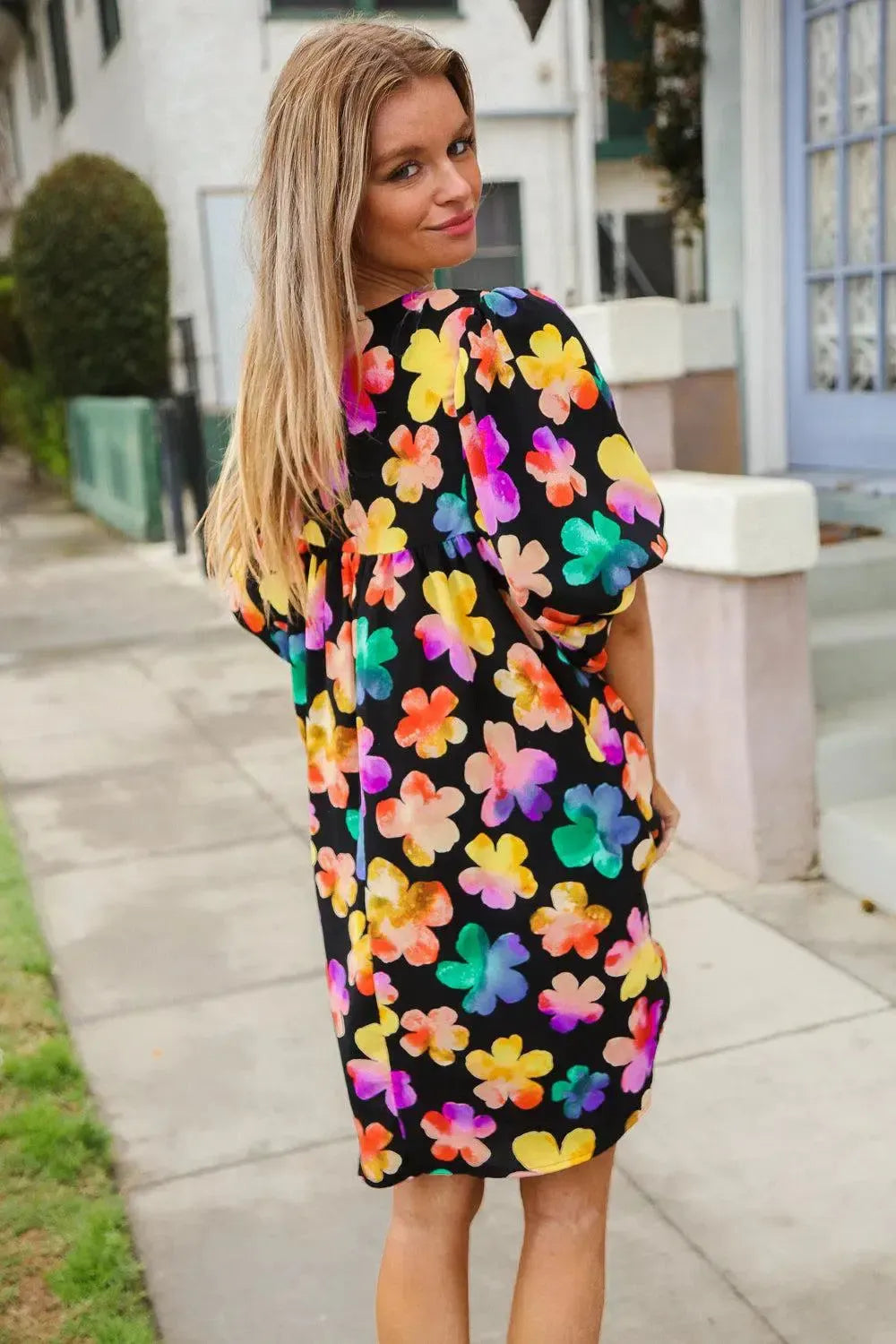 Look Adorable Ribbon Bow Tie Floral Babydoll Dress with Pockets-Evelyns Fashion